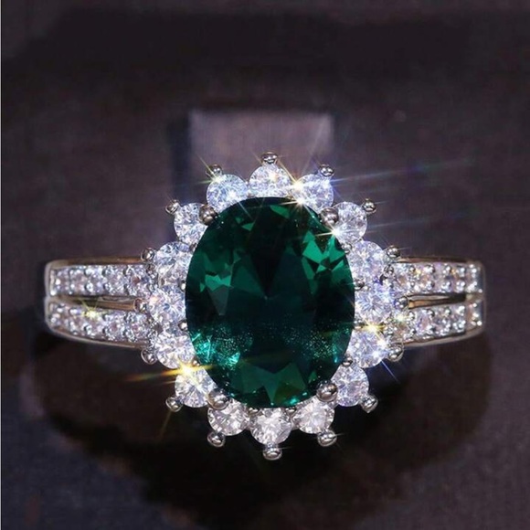 Engagement Oval Cut Emerald CZ Ring in Sterling Silver - Picture 7 of 13